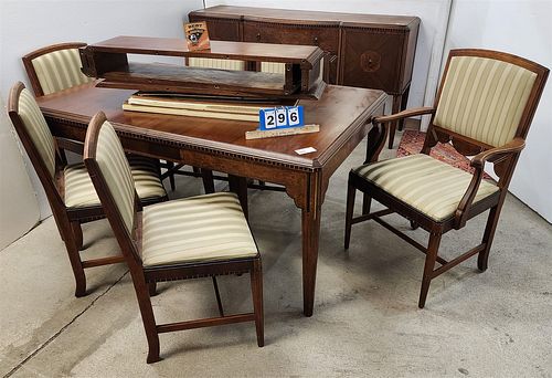 SLIGH DECO WALNUT 9PC. DINING SET TABLE 5'X 40"W W/3 LEAVES, 6 CHAIRS, SIDEBOARD 36-1/2"H 6'W X 22"D