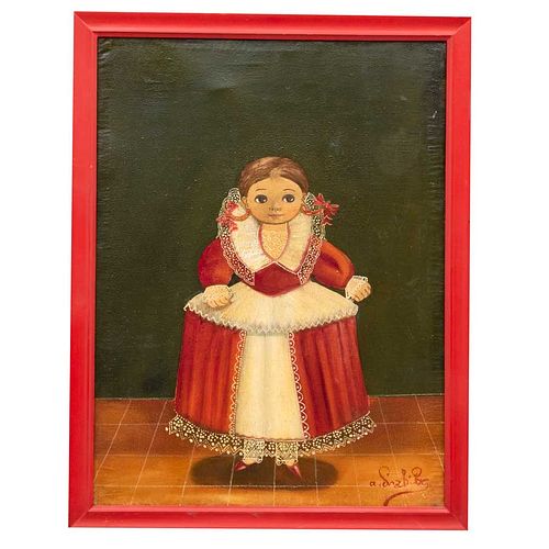 AGAPITO LABIOS (Pachuca, Hidalgo, 1898 - México, 1996), Sin título (niña con vestido rojo y crema, Firmado Óleo sobre tela, 60 x 45 cm