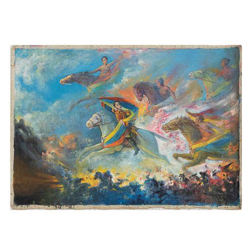 SALVADOR TARAZONA (España, 1876 - Venezuela, 1961), Simón Bolivar, alegoría de las batalla, Firmado Óleo sobre tela, 80 x 116 cm
