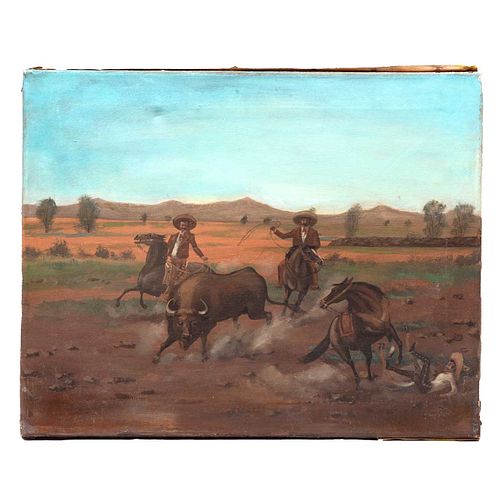 AUTOR NO IDENTFICADO (México, siglo XX), Sin título (persiguiendo al toro), Sin firma Óleo sobre tela, 40 x 50 cm