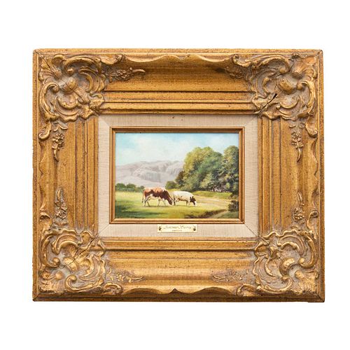 ---Antonio Sierra (México S XX), Paisaje con vacas, óleo sobre masonite, firmado, detalles de conservación, enmarcado. 11.5 x 17 cm.