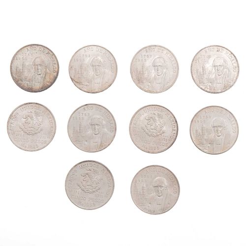 Diez monedas del año de Hidlago en plata .720. Peso: 277.8 g.