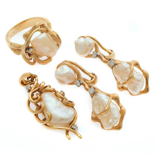 Cultured Biwa Pearl, Diamond, 14k Jewelry Suite