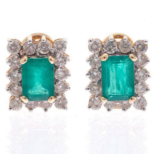 Pair of Emerald, Diamond, 14k Yellow Gold Earrings