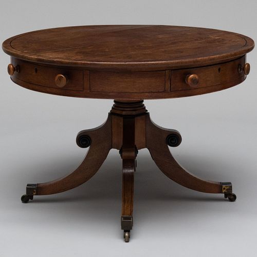 Regency Inlaid Ebony Carved Oak Drum Table