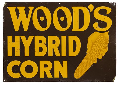 WOOD'S HYBRID CORN EMBOSSED TIN ADVERTISING SIGN