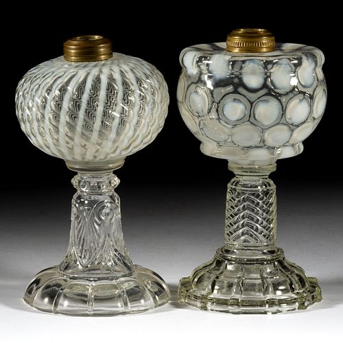 ASSORTED OPALESCENT GLASS KEROSENE STAND LAMPS, LOT OF TWO