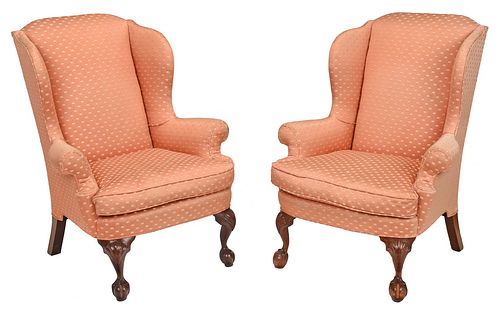 Pair Philadelphia Chippendale Style Shell Carved Mahogany Wing Chairs