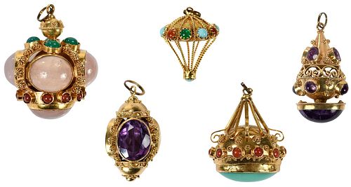 Five Gold Italian Etruscan Revival Gemstone Fob Charms