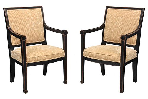 Pair Italian Neoclassical Style Black and Red Painted Open Armchairs