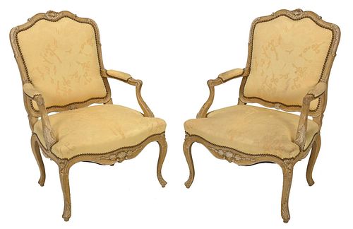 Pair Louis XV Style Carved Paint Decorated Open Armchairs