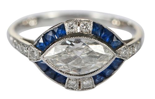 Platinum Marquise Diamond and Sapphire Ring