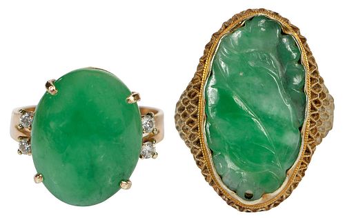Two 18kt. Jade Rings, Carved and Cabochon