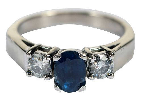 14kt. Three Stone Ring, Blue Sapphire and Moissanite 