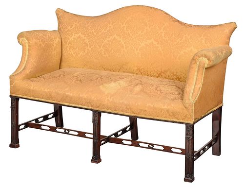 George III Carved Mahogany Silk Upholstered Camel Back Settee