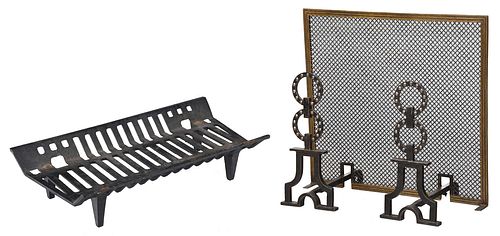 Pair of Contemporary Forged Steel Andirons, Screen, and Fire Grate