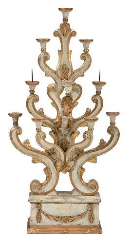Italian Baroque Style Carved Painted Parcel Gilt Candelabra