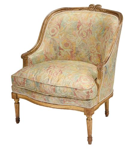 Louis XVI Style Carved Giltwood and Silk Upholstered Bergere