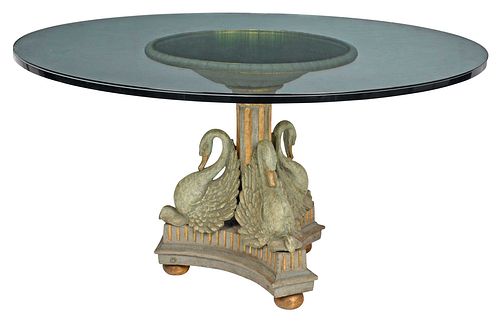 Empire Style Painted Parcel Gilt Cast Iron and Glass Top Center Table 