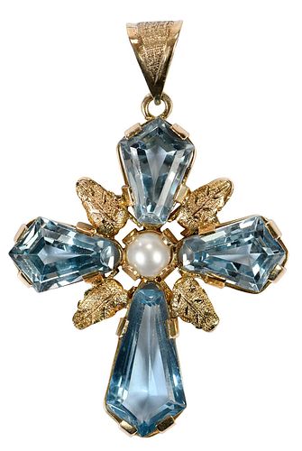 14kt. Blue Topaz and Pearl Cross Pendant