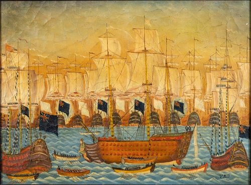 Initial Signed, Folk Art Painting of Masted Ships