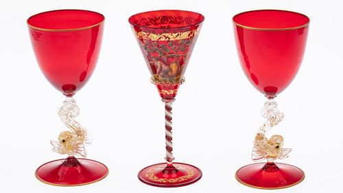 3 Venetian Ruby Glass Wine Glasses
