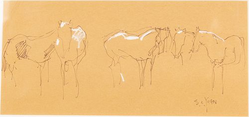 Si Yuan (CA, 1911-1974), Horses, Pen on Brown Paper