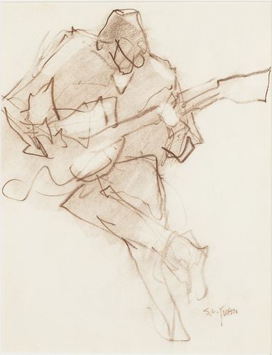 Si Yuan (CA, 1911-1974), Guitar Player, Charcoal