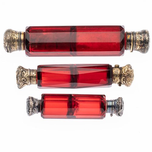 3 Ruby Glass Double Ended Laydown Bottles