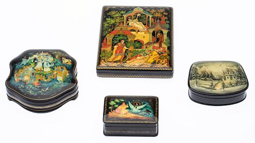 3 Russian Lacquer Boxes & Another Russian Style Box