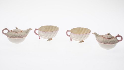 2 Belleek Shell-Form Teapots and Cups