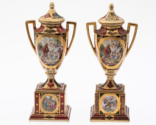 Pair Royal Vienna Style Porcelain Lidded Urns,19th C