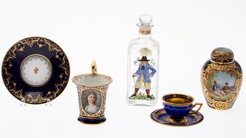 2 Dresden Porcelain Tea Cups, a Jar and a Bottle