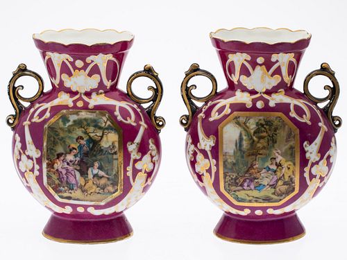 Pair of Continental Painted Porcelain Vases
