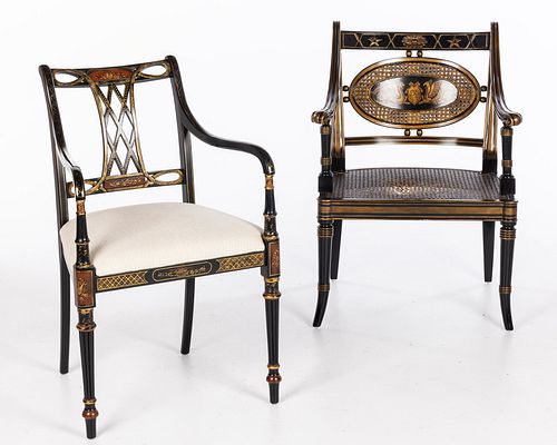 2 Regency Style Black Painted Armchairs, 20th C