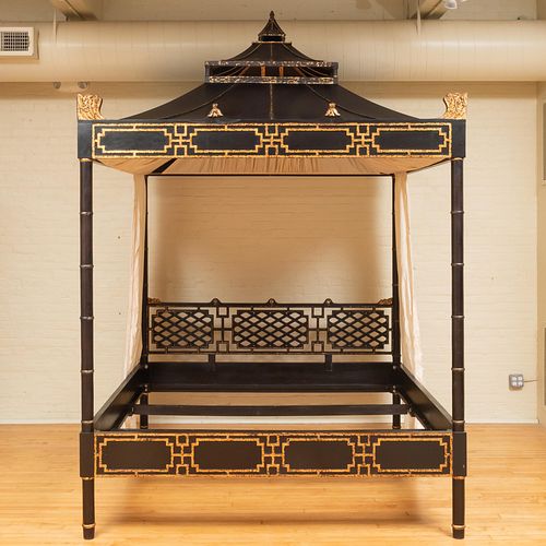 Large Contemporary Chinoiserie Style Ebonized Wood and Parcel-Gilt Canopy Bed