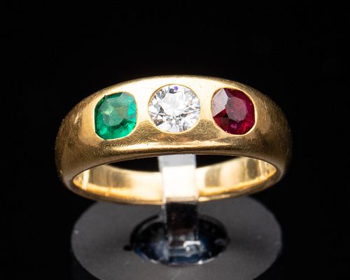 18k Gold Diamond, Emerald and Ruby Ring