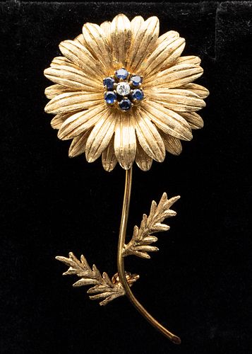Tiffany 18 k Gold Sapphire & Diamond Flower Form Pin
