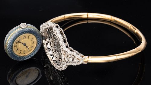18k Gold, Platinum Enamel Diamond Bracelet Watch