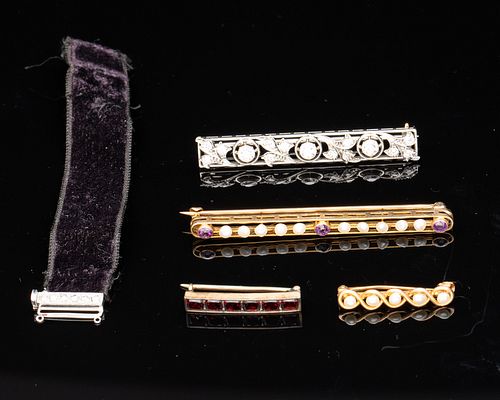 4 Gold, Diamond & Pearl Bar Pins & Clasp