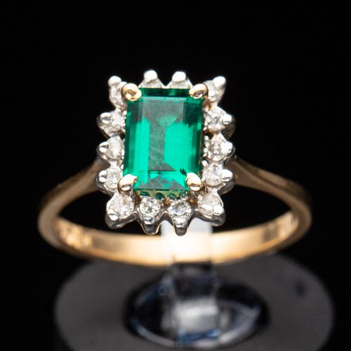 14k Gold and Synthetic Emerald and Diamond Ring