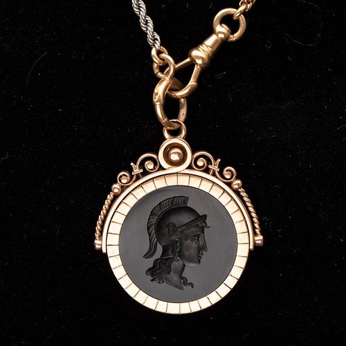 Gold and Etched Stone Watch Fob Pendant and Chain