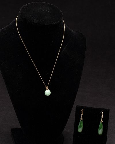 Pair of 14k and Jade Earrings and a Jade Pendant