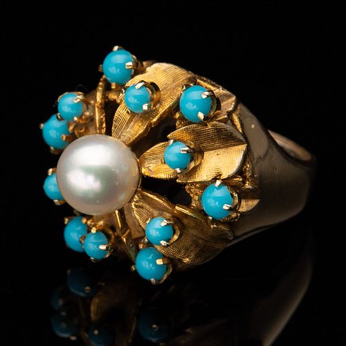 14k Gold Turquoise & Pearl Dinner Ring