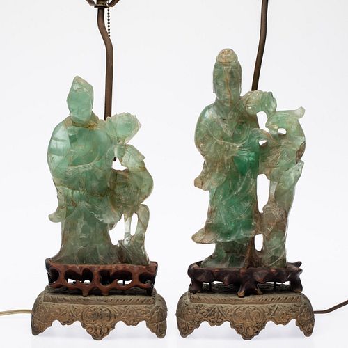 Two Chinese Green Quartz Figures Mounted as Lamps