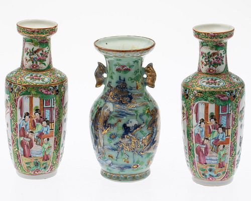 Pair of Chinese Rose Medallion Vases and Another