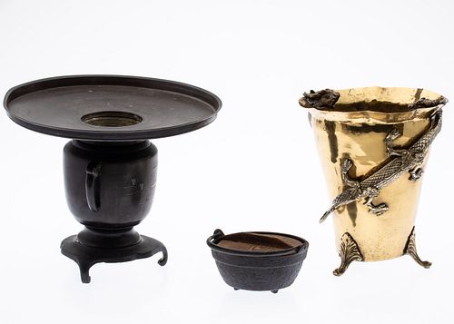 Japanese Bronze Vase, Brass Vase & Small Cauldron
