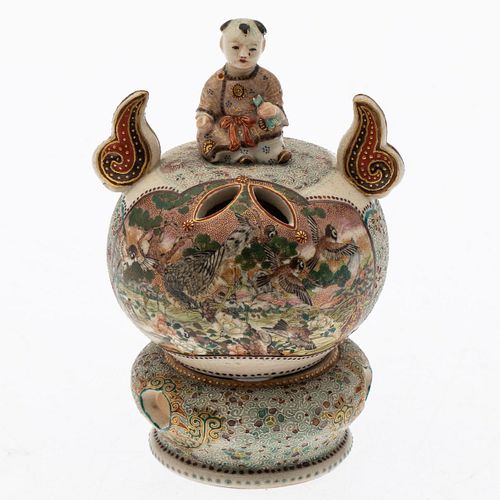 Japanese Antique Ceramic Censer with a Figural Finial