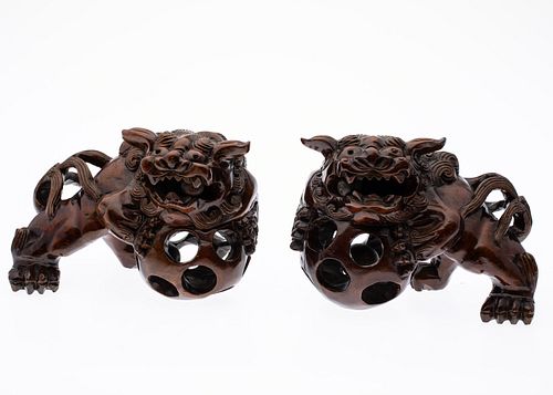 Two Chinese Carved Wood Fu Dogs