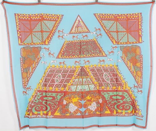 Hermes Cotton Scarf, Blue and Red Pattern